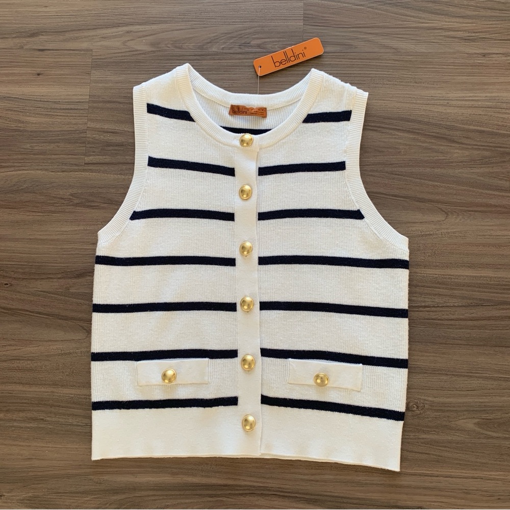 Belldini Women’s White and Black Striped Button Down Sweater Vest Size S